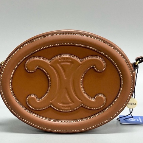 Celine/賽琳 焦糖色全皮凱旋門浮雕mini單肩斜挎月餅包 尺寸15.5*12*
