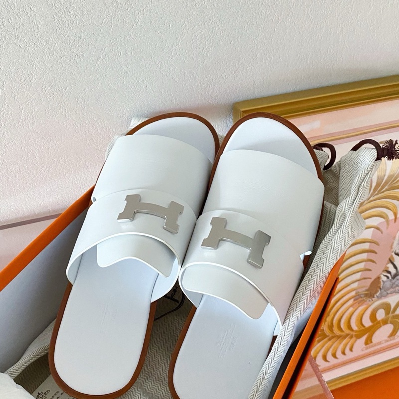 閒置新 未使用 Hermès 愛馬仕康康H扣拖鞋 涼鞋 白色牛皮銀扣 39碼-1