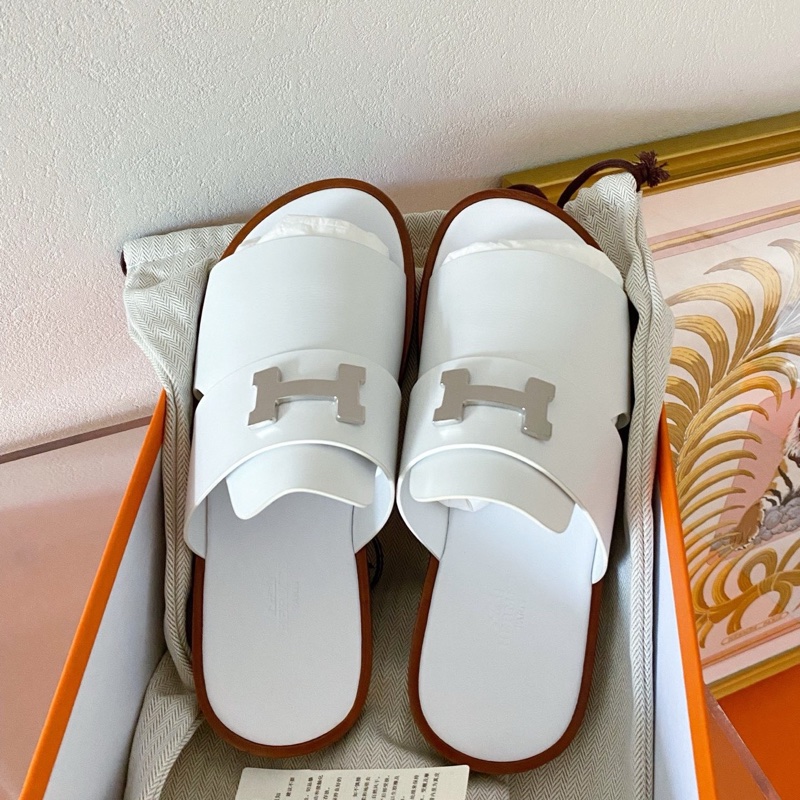 閒置新 未使用 Hermès 愛馬仕康康H扣拖鞋 涼鞋 白色牛皮銀扣 39碼-2