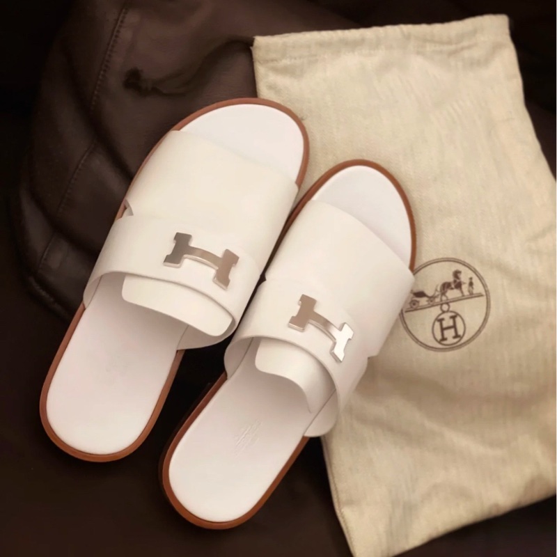 閒置新 未使用 Hermès 愛馬仕康康H扣拖鞋 涼鞋 白色牛皮銀扣 39碼-4