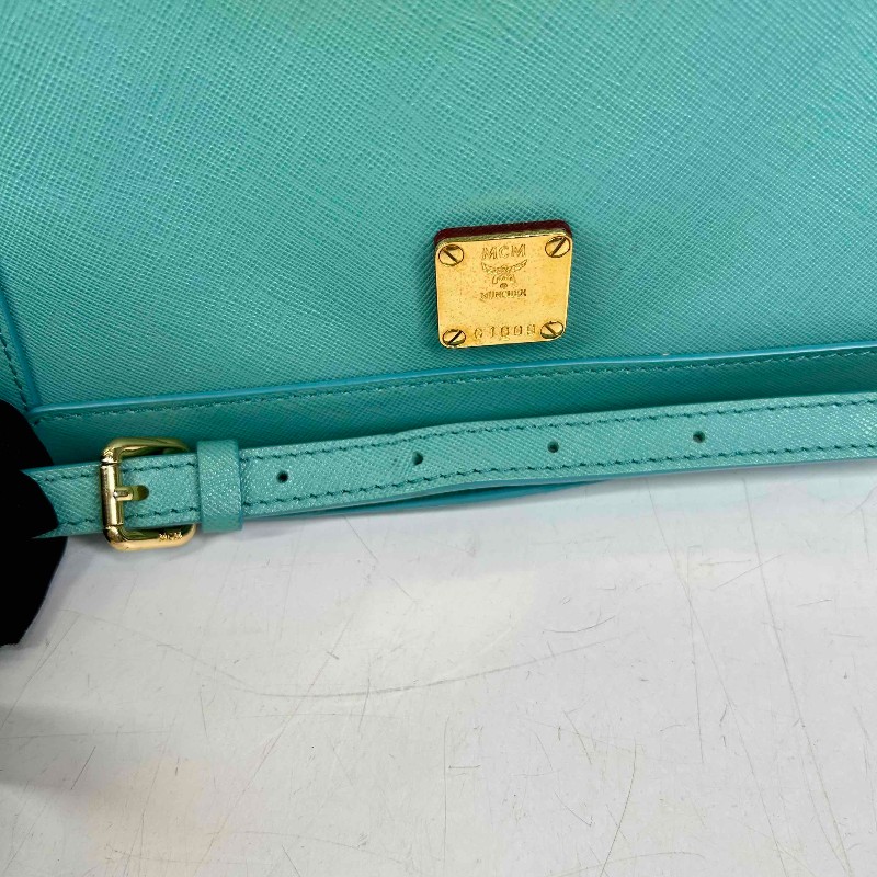 MCM MCM十字紋殺手包 孔雀綠色牛皮,金色五金配件,雙拉鏈設計-16