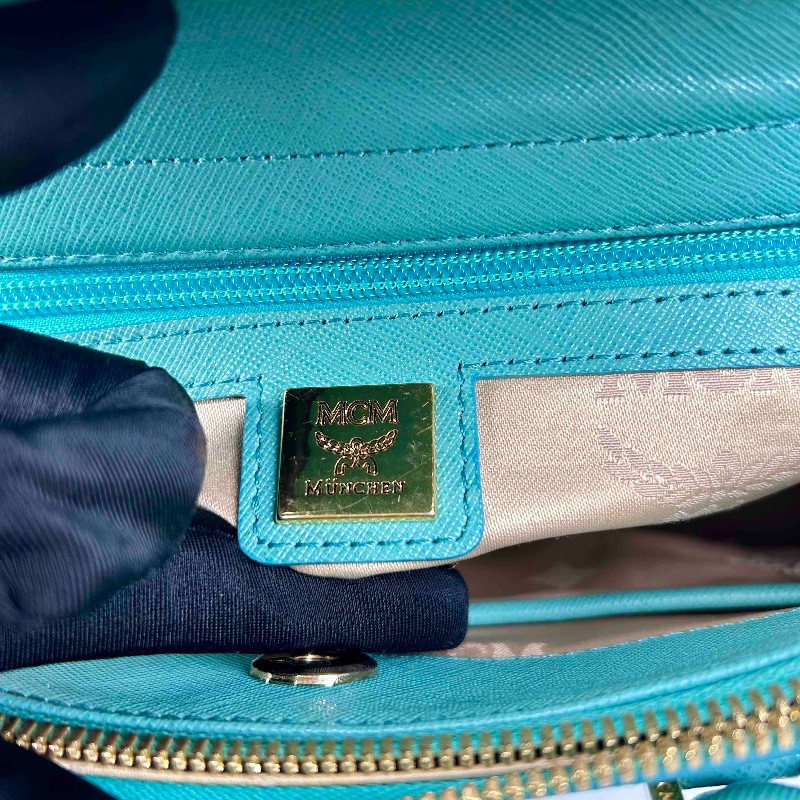 MCM MCM十字紋殺手包 孔雀綠色牛皮,金色五金配件,雙拉鏈設計-18