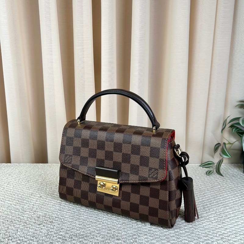 LV路易威登棕棋盤流蘇手提郵差包 有肩帶 可單肩可斜挎可手提 紅色內裡 容量實用 日常百搭-3