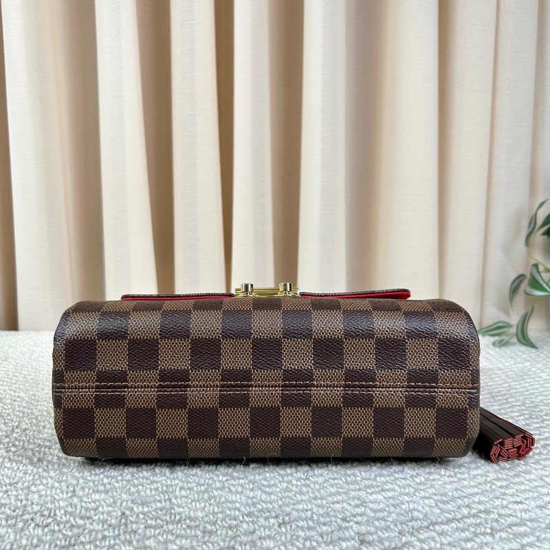 LV路易威登棕棋盤流蘇手提郵差包 有肩帶 可單肩可斜挎可手提 紅色內裡 容量實用 日常百搭-4