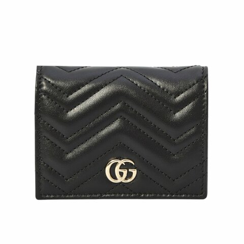 【GUCCI 古馳】GG Marmont 經典金屬雙G 牛皮 卡夾 皮夾 短夾 零錢包 黑色 466492