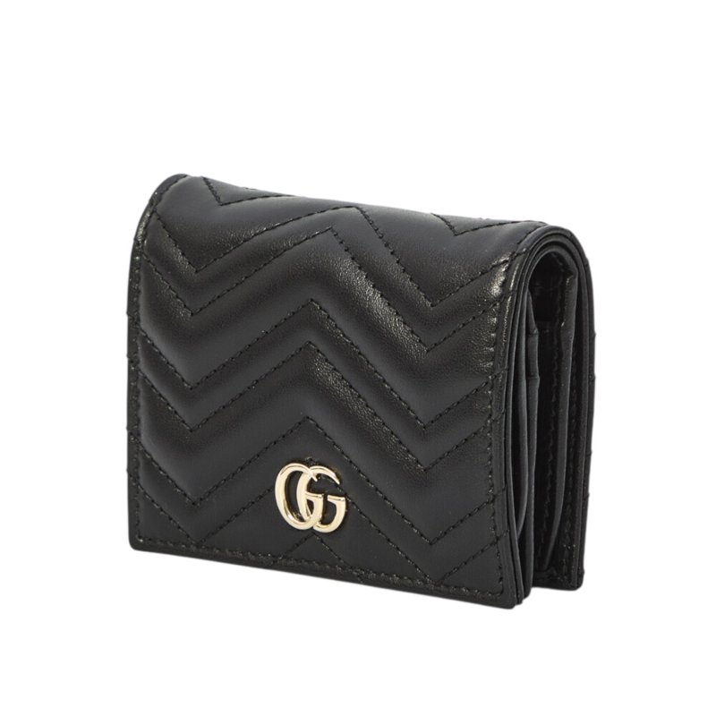 【GUCCI 古馳】GG Marmont 經典金屬雙G 牛皮 卡夾 皮夾 短夾 零錢包 黑色 466492-1