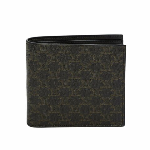 【CELINE】Bi-fold Triomphe 標誌印花 牛皮 雙摺 零錢包 卡夾 皮夾 短夾 黝黑色 10C872BQB.38NO