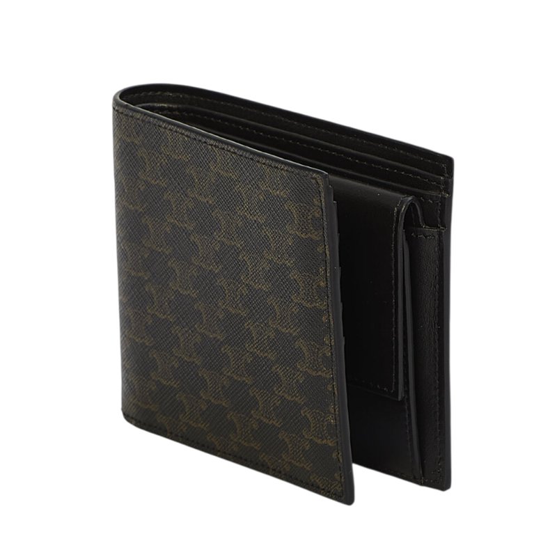 【CELINE】Bi-fold Triomphe 標誌印花 牛皮 雙摺 零錢包 卡夾 皮夾 短夾 黝黑色 10C872BQB.38NO-1
