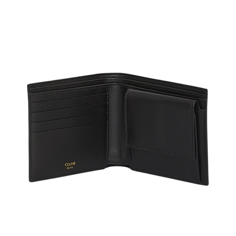 【CELINE】Bi-fold Triomphe 標誌印花 牛皮 雙摺 零錢包 卡夾 皮夾 短夾 黝黑色 10C872BQB.38NO-2