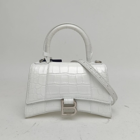 BALENCIAGA 鱷魚壓紋Hourglass沙漏手袋XS碼銀扣白色牛皮