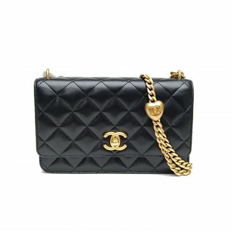 CHANEL CF24Pwoc黑色羊皮晶片開金扣愛心金球肩帶
