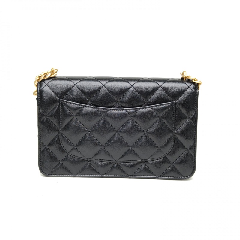 CHANEL CF24Pwoc黑色羊皮晶片開金扣愛心金球肩帶-2