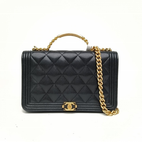CHANEL 23B手柄款leboy黑色荔枝牛皮晶片金扣