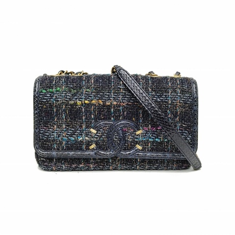 CHANEL 拼色毛呢26開金扣雙C大logo季節款口蓋包中號