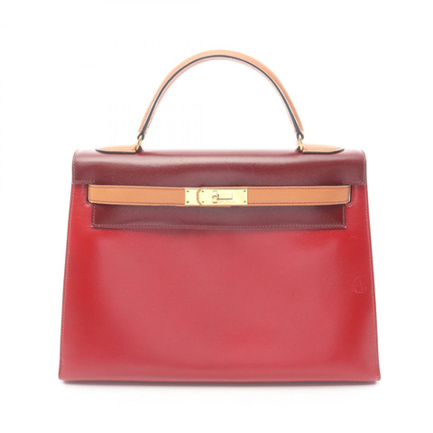 愛馬仕 Kelly 32 三色手提包，Box 小牛皮，霞慕尼色，胭脂紅，金色五金，二手