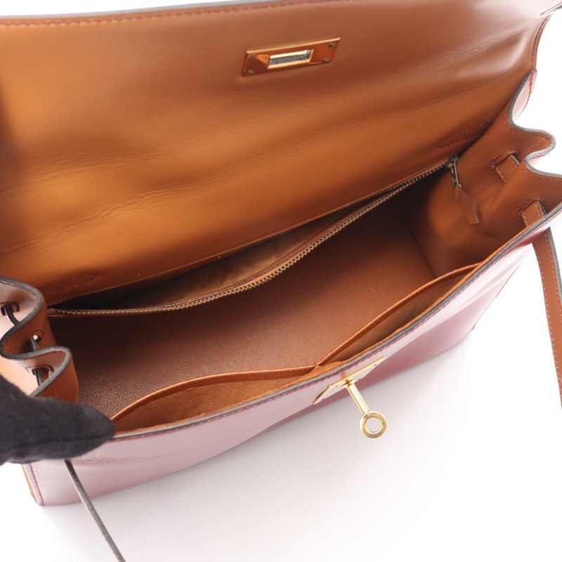 愛馬仕 Kelly 32 三色手提包,Box 小牛皮,霞慕尼色,胭脂紅,金色五金,二手-2