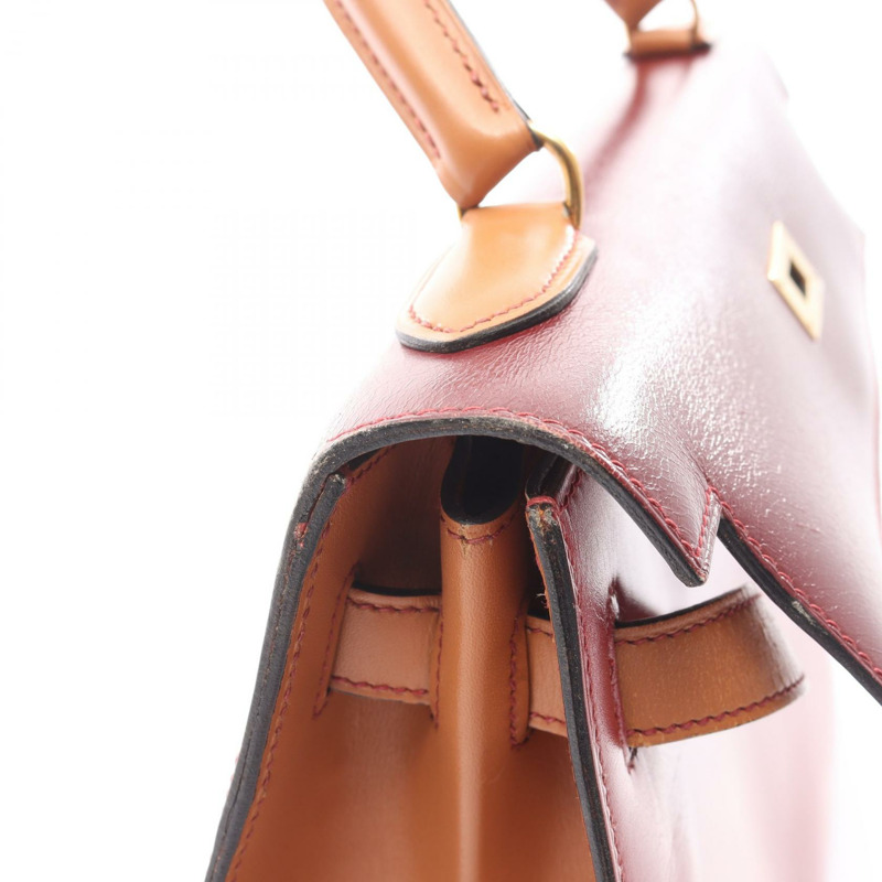 愛馬仕 Kelly 32 三色手提包,Box 小牛皮,霞慕尼色,胭脂紅,金色五金,二手-7