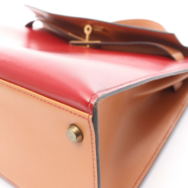 愛馬仕 Kelly 32 三色手提包,Box 小牛皮,霞慕尼色,胭脂紅,金色五金,二手-10