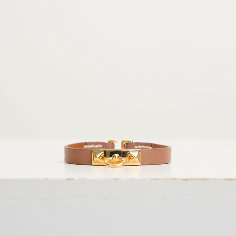 二手Hermès Rivale Mini卯釘皮革手環/金棕