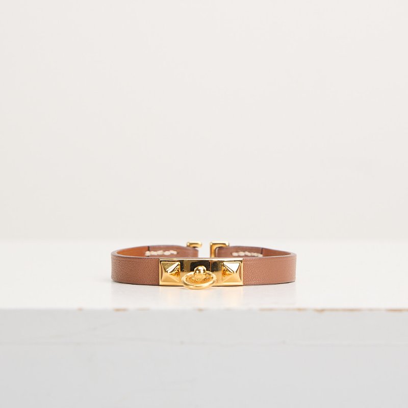 二手Hermès Rivale Mini卯釘皮革手環/金棕-0