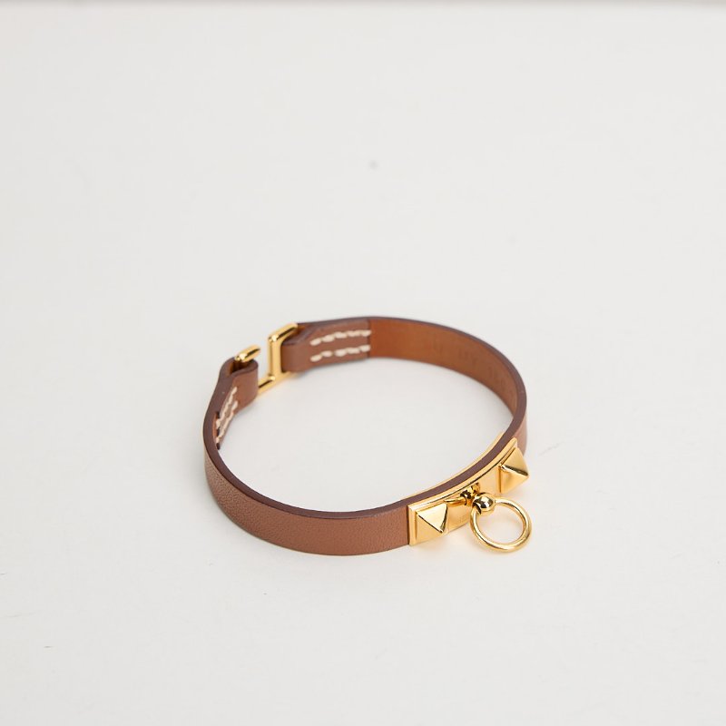 二手Hermès Rivale Mini卯釘皮革手環/金棕-3