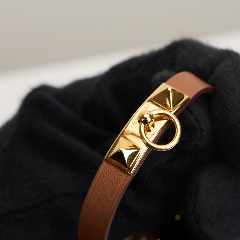 二手Hermès Rivale Mini卯釘皮革手環/金棕-5