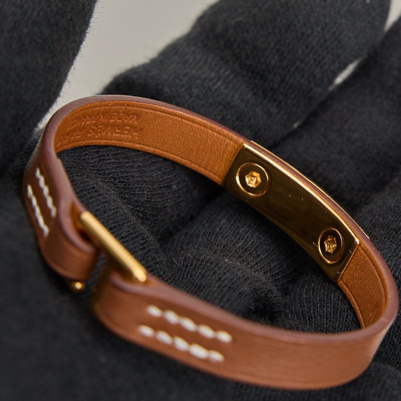 二手Hermès Rivale Mini卯釘皮革手環/金棕-6