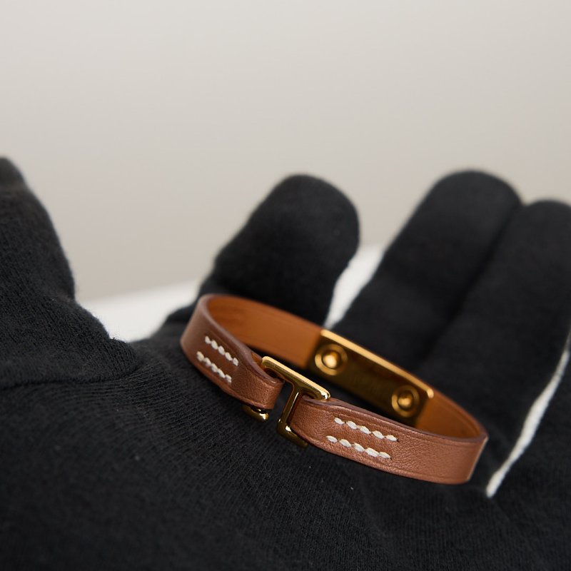 二手Hermès Rivale Mini卯釘皮革手環/金棕-7