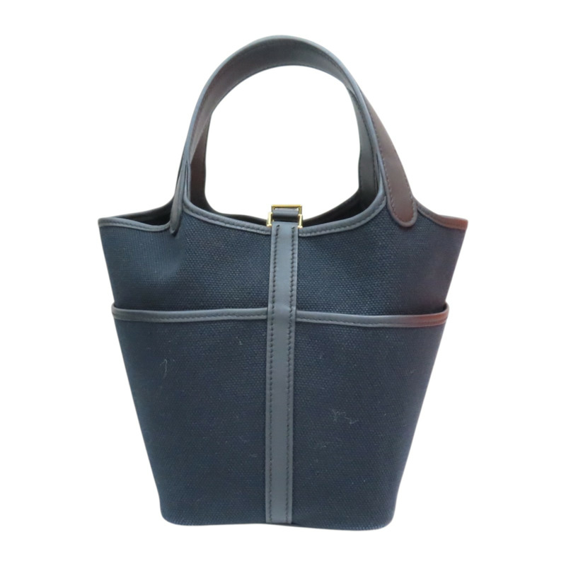 黑色 SWIFT牛 TOILE帆布 Picotin Lock 18 Cargo 手提包 銀釦 B刻【HERMES 愛馬仕】 H08319CC-1