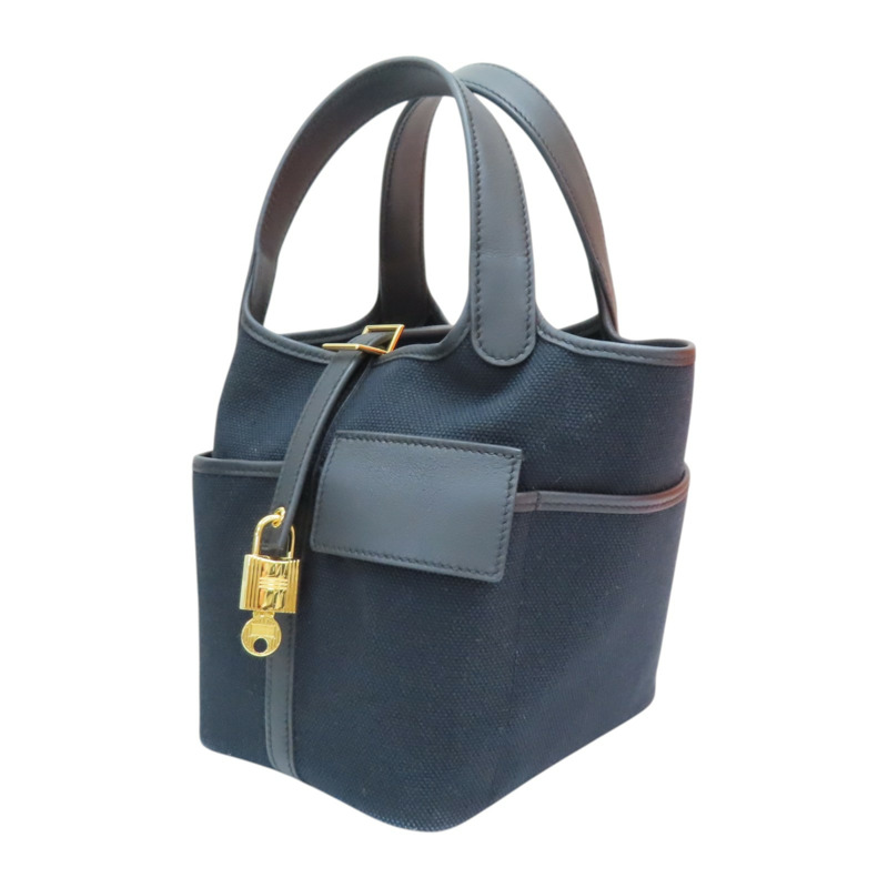黑色 SWIFT牛 TOILE帆布 Picotin Lock 18 Cargo 手提包 銀釦 B刻【HERMES 愛馬仕】 H08319CC-2