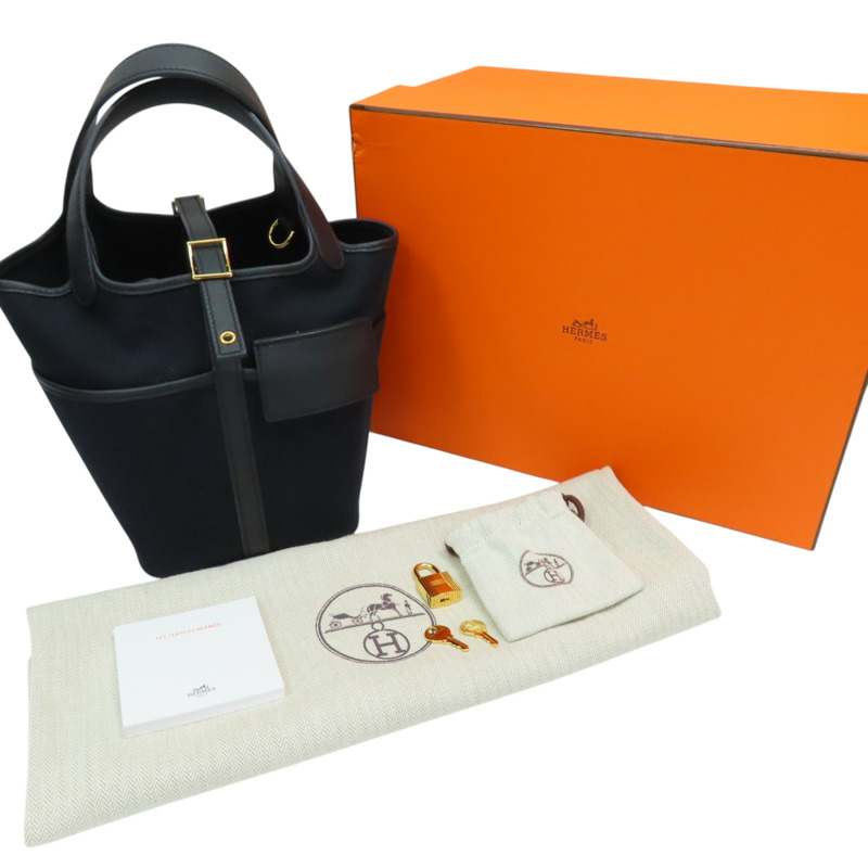 黑色 SWIFT牛 TOILE帆布 Picotin Lock 18 Cargo 手提包 銀釦 B刻【HERMES 愛馬仕】 H08319CC-9