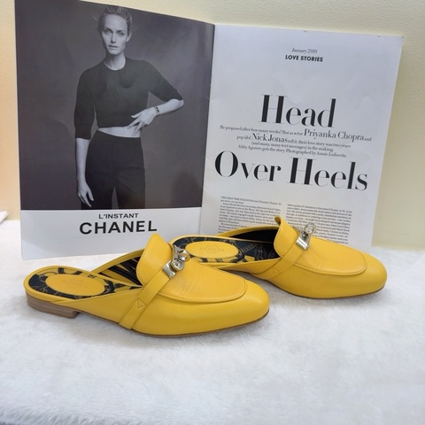 Hermes愛馬仕拖鞋 kelly檸檬黃銀扣穆勒半拖 36碼 無附件