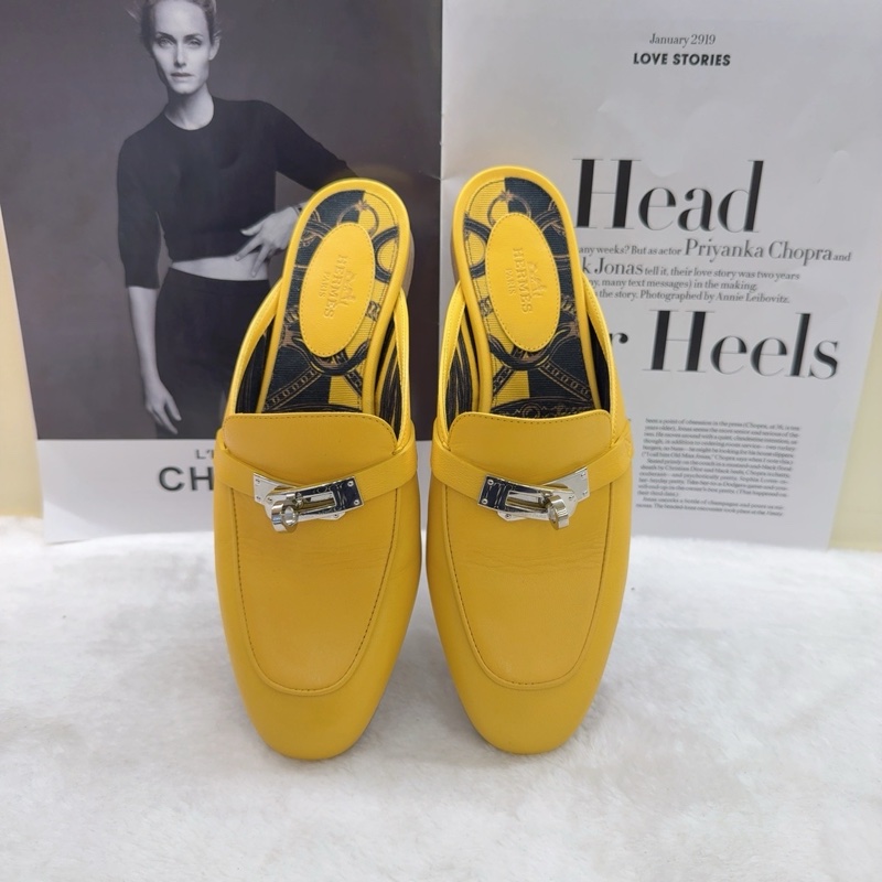 Hermes愛馬仕拖鞋 kelly檸檬黃銀扣穆勒半拖 36碼 無附件-2