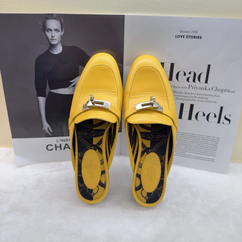 Hermes愛馬仕拖鞋 kelly檸檬黃銀扣穆勒半拖 36碼 無附件-3