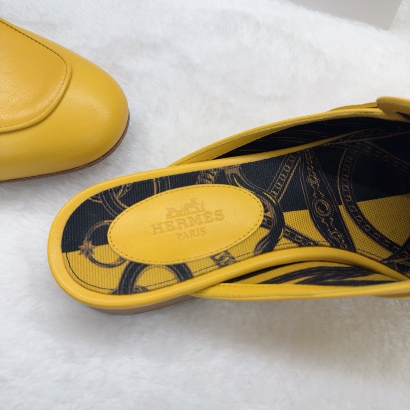 Hermes愛馬仕拖鞋 kelly檸檬黃銀扣穆勒半拖 36碼 無附件-4