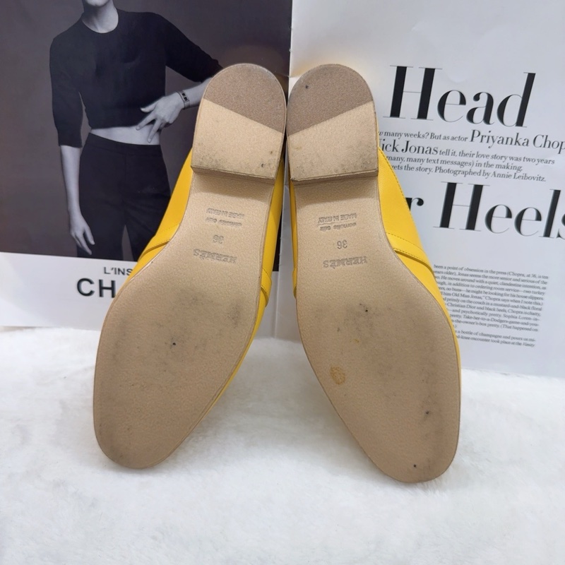 Hermes愛馬仕拖鞋 kelly檸檬黃銀扣穆勒半拖 36碼 無附件-6