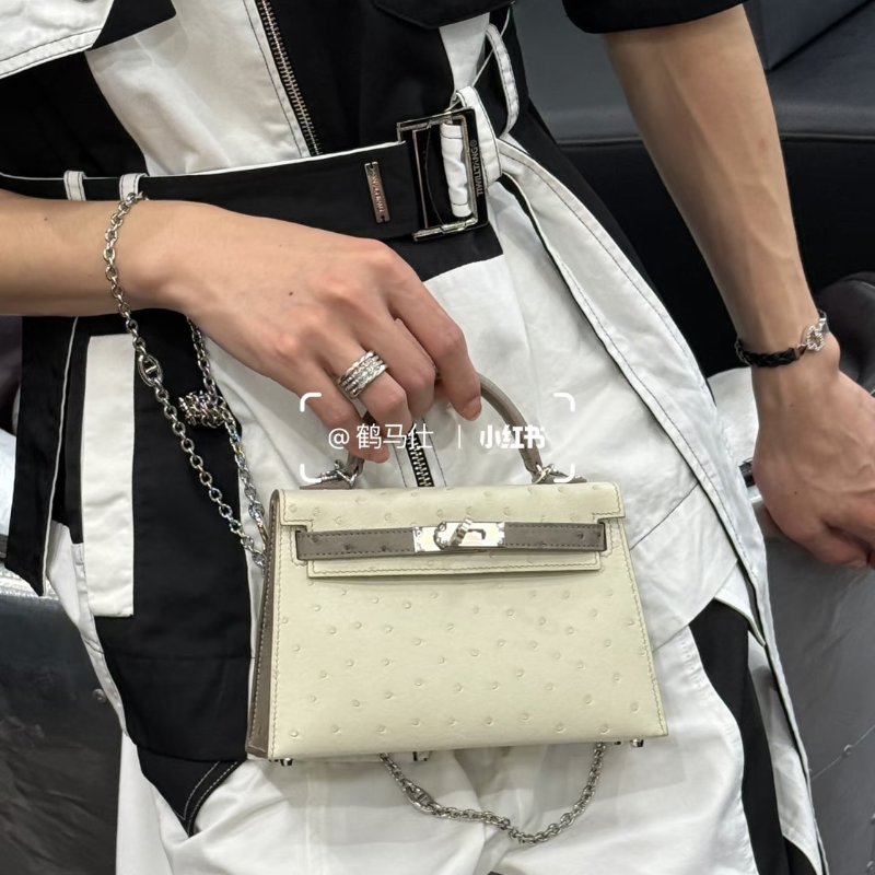 HERMES Mini kelly - 鴕鳥皮奶油白拚大象灰銀 K-1