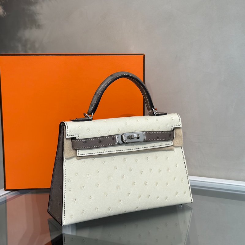 HERMES Mini kelly - 鴕鳥皮奶油白拚大象灰銀 K-2