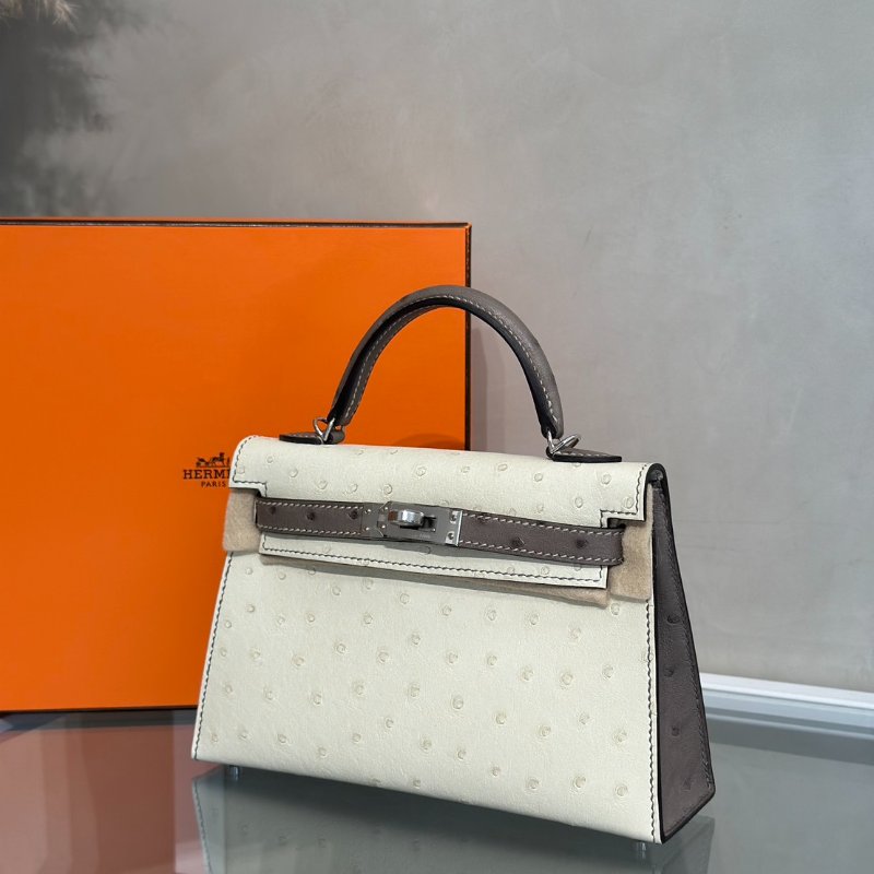 HERMES Mini kelly - 鴕鳥皮奶油白拚大象灰銀 K-3