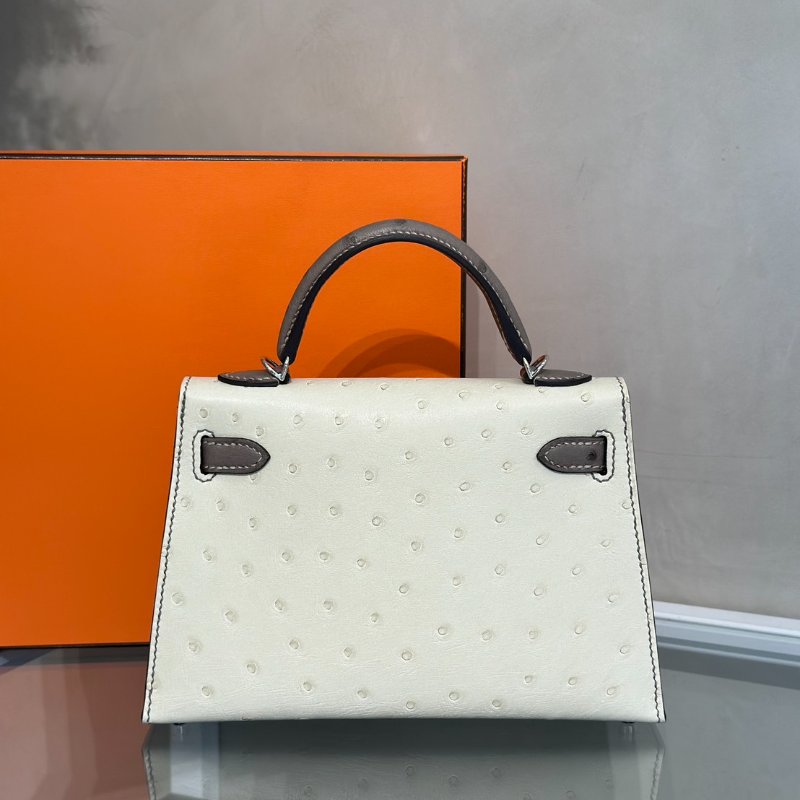 HERMES Mini kelly - 鴕鳥皮奶油白拚大象灰銀 K-4