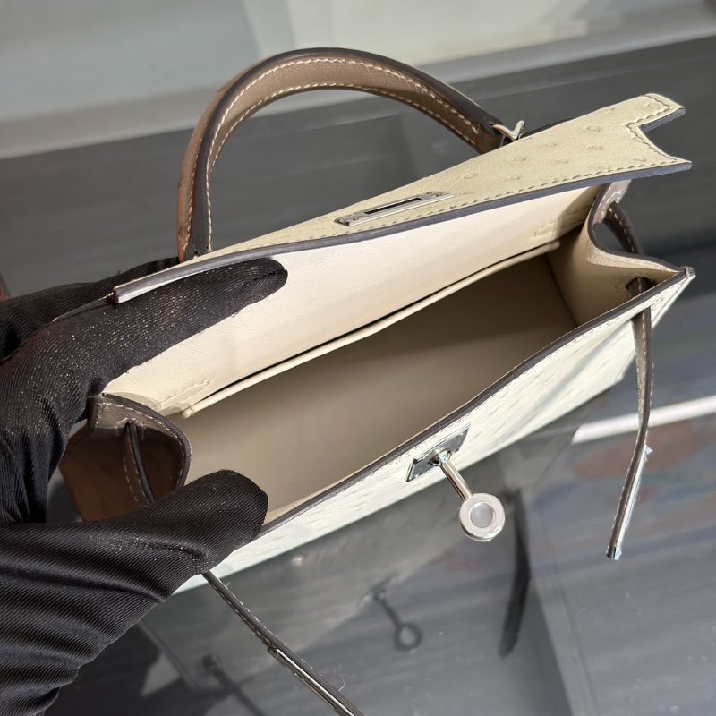 HERMES Mini kelly - 鴕鳥皮奶油白拚大象灰銀 K-5