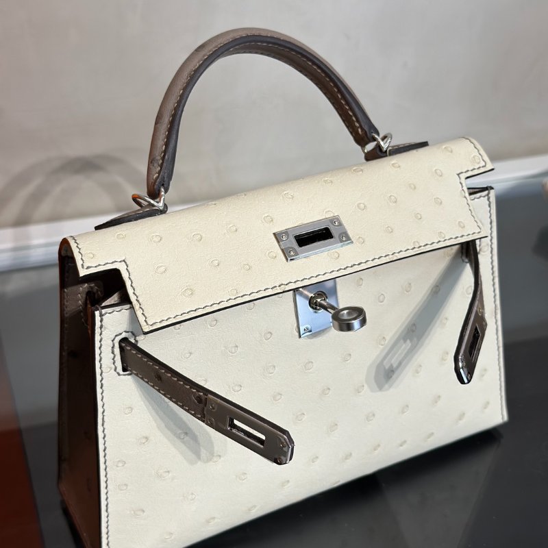 HERMES Mini kelly - 鴕鳥皮奶油白拚大象灰銀 K-6