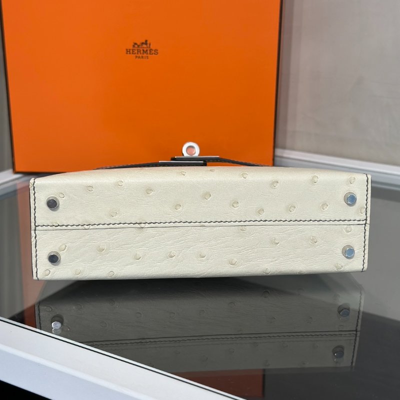 HERMES Mini kelly - 鴕鳥皮奶油白拚大象灰銀 K-9