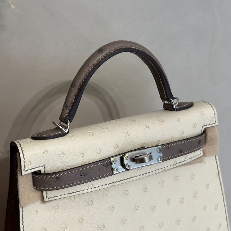 HERMES Mini kelly - 鴕鳥皮奶油白拚大象灰銀 K-10
