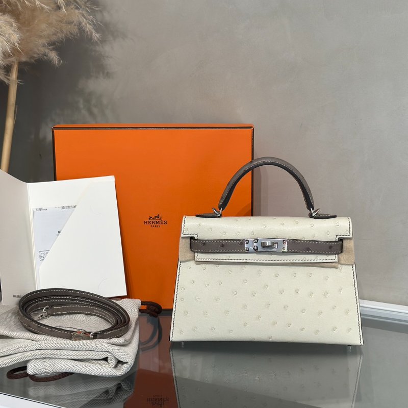 HERMES Mini kelly - 鴕鳥皮奶油白拚大象灰銀 K-11