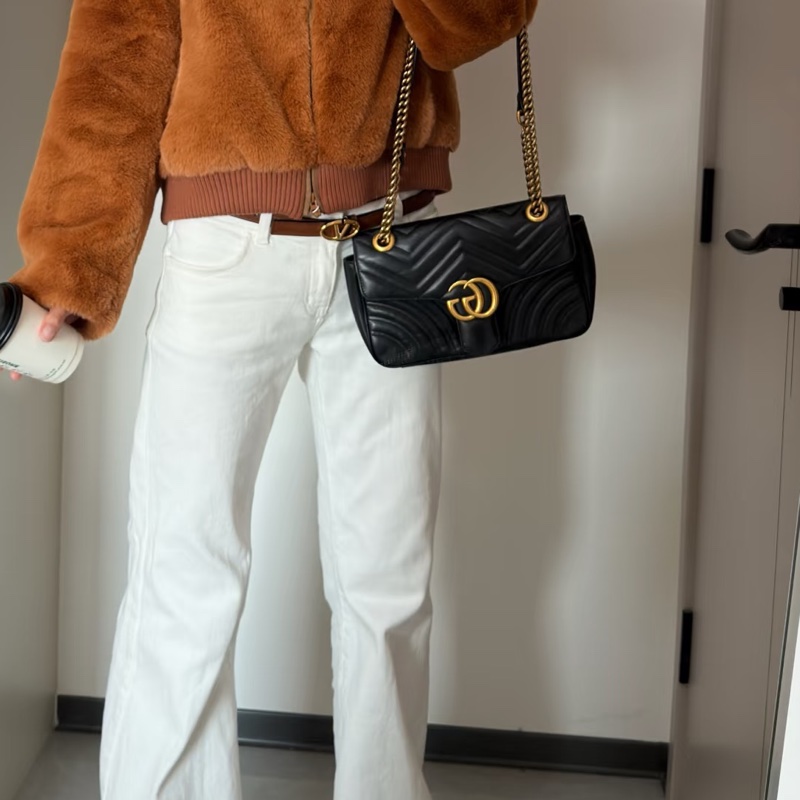 Gucci古馳Marmont馬蒙22鏈條包 黑色 金扣 尺寸22*14*6-17