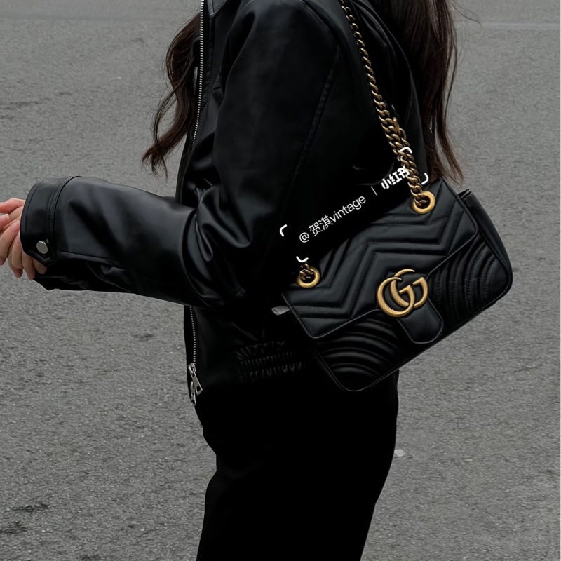 Gucci古馳Marmont馬蒙22鏈條包 黑色 金扣 尺寸22*14*6-30