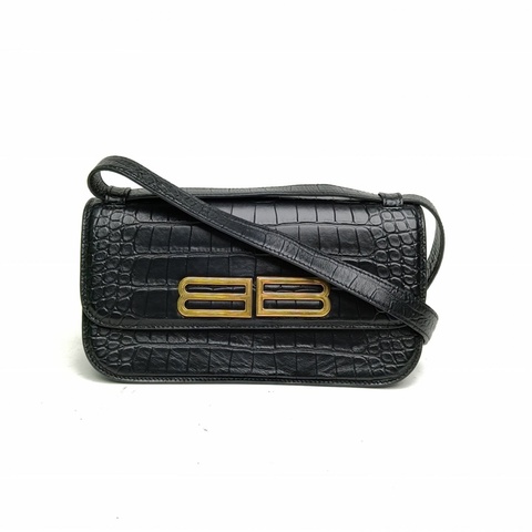 BALENCIAGA 黑色牛皮Gossip鱷魚壓紋單肩包