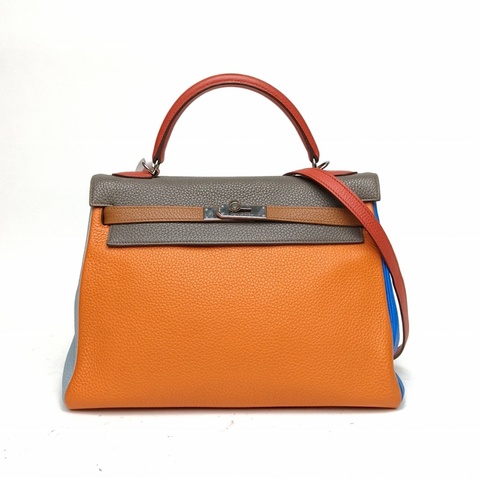 HERMES Kelly32錫器灰拼色TC皮框P銀扣