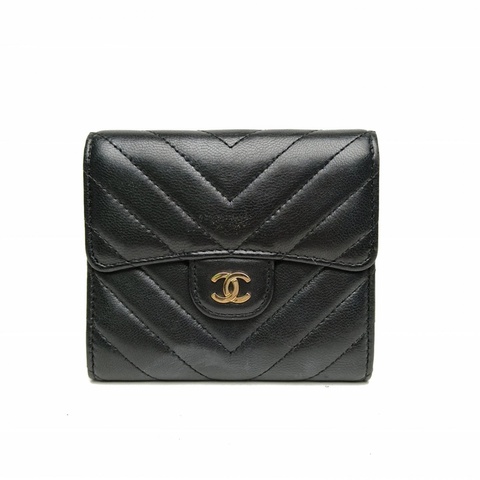 CHANEL 黑色羊皮22開金扣CFV紋錢包